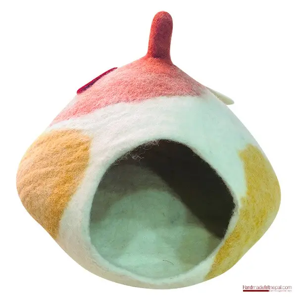 Felted Cat Cave & Bed - White, Red & Yellow