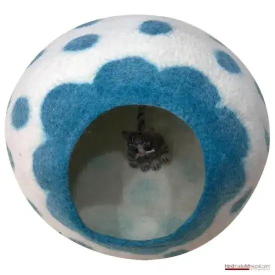 Felted Cat Cave & Bed - Blue & White Color